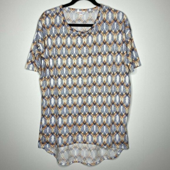 LulaRoe Women’s XS Short Sleeve HiLo Blue Orange Geometric Pattern Shirt - Picture 1 of 4